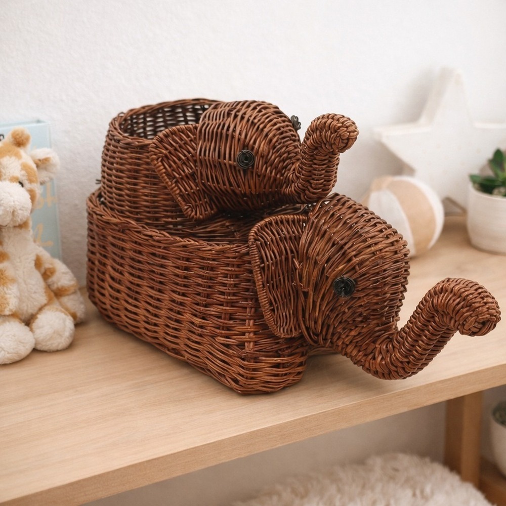 Vintage Woven Pair of Elephants Boho Safari Jungle Whimsical Cute Animal Baskets